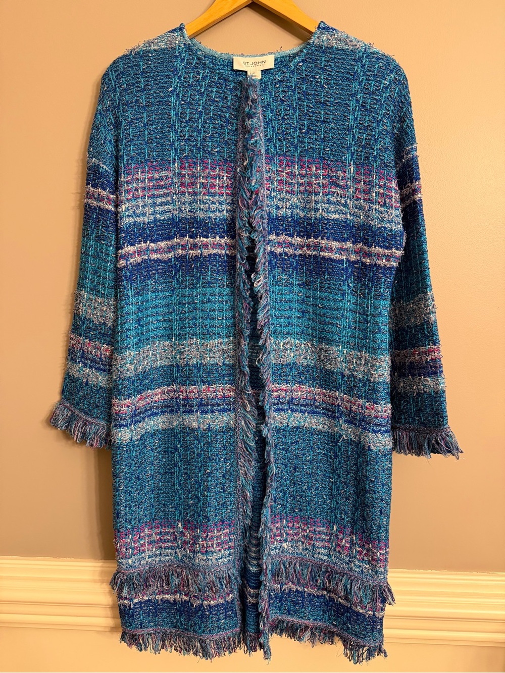 RARE NWT St. John Collection "Lagoon Multi" Tweed Fringe Cardigan Duster Coat - Picture 2 of 11